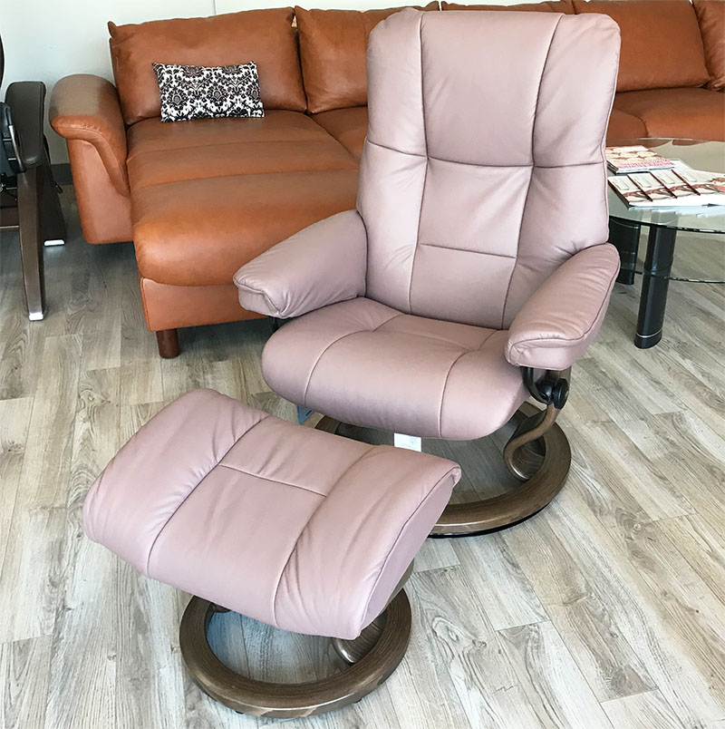 Stressless Mayfair Paloma Dusty Rose Leather Recliner Chair and Ottoman by Ekornes
