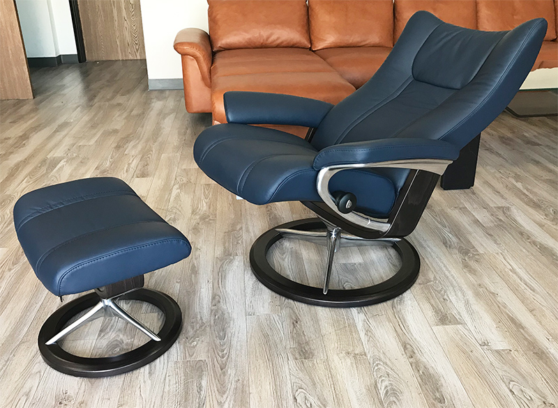 Stressless Wing Signature Chrome Base Recliner Chair and Ottoman in Paloma Oxford Blue Leather