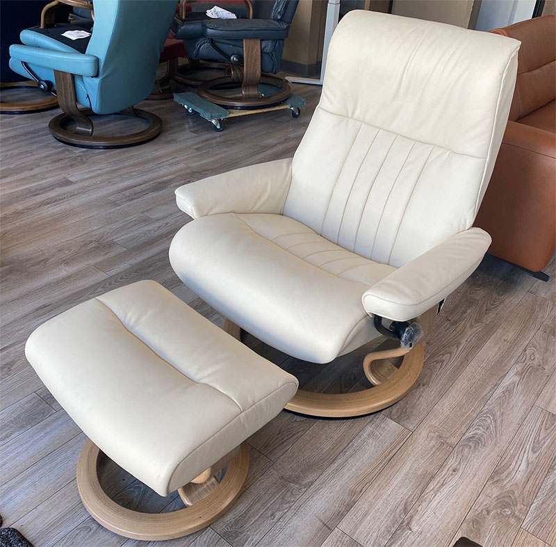 Stressless Crown Classic Base Paloma Vanilla Leather Recliner Chair and Ottoman by Ekornes