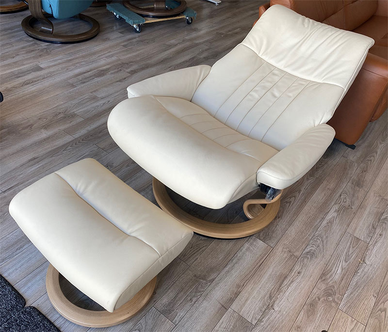 Stressless Crown Classic Base Paloma Vanilla Leather Recliner Chair and Ottoman by Ekornes