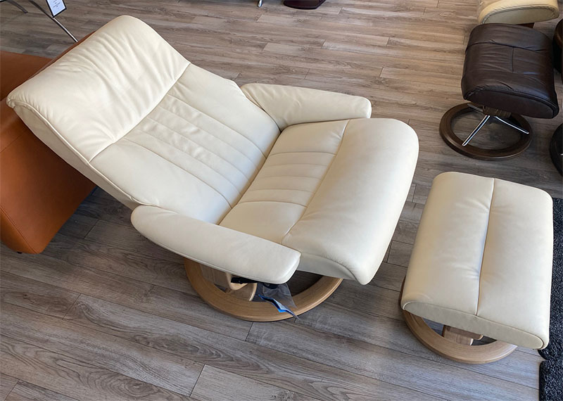 Stressless Crown Classic Base Paloma Vanilla Leather Recliner Chair and Ottoman by Ekornes
