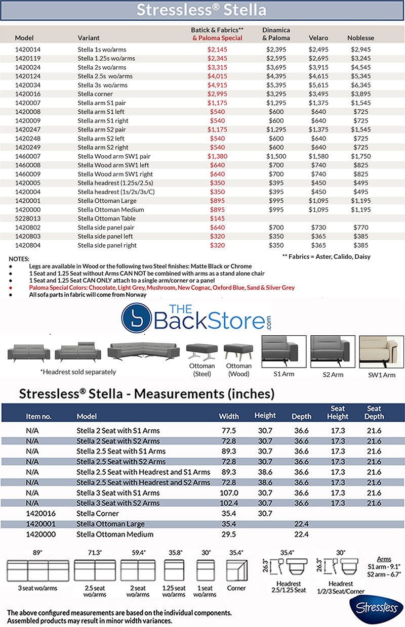 Stressless Stella Leather Sofa, Loveseat and Sectional Dimensions and Pricing by Ekornes