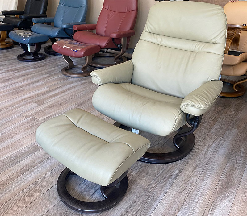 Stressless Sunrise Paloma Olive Leather Recliner and Ottoman