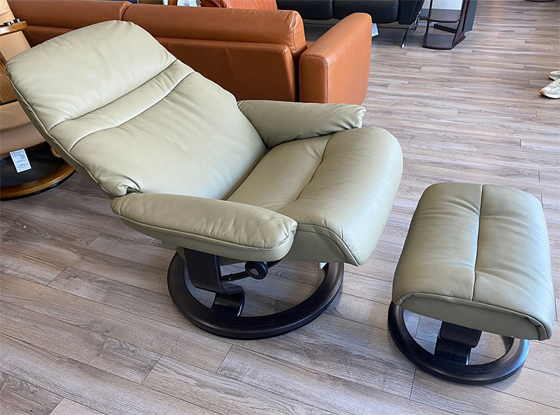 Stressless Sunrise Paloma Olive Leather Recliner and Ottoman