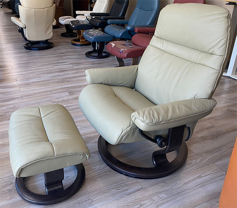 Stressless Sunrise Paloma Olive Leather Recliner and Ottoman