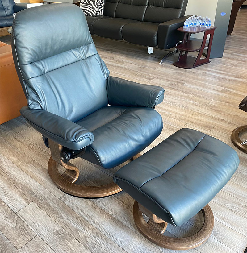 Stressless Sunrise Paloma Shadow Blue Leather Recliner and Ottoman