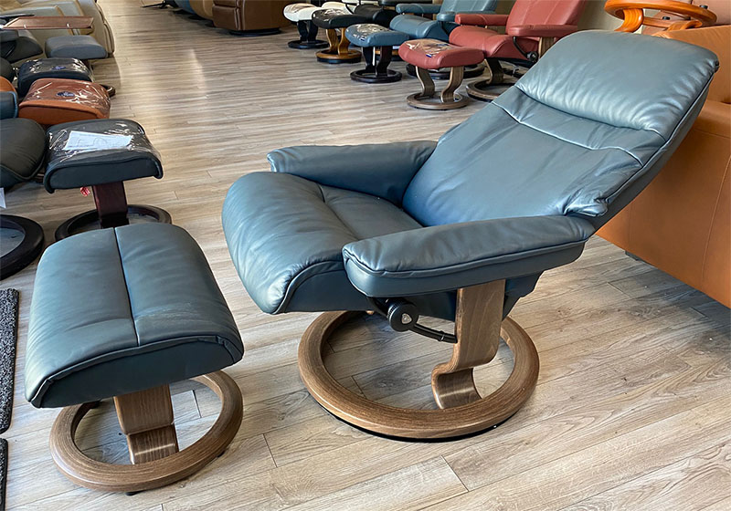 Stressless Sunrise Paloma Shadow Blue Leather Recliner and Ottoman