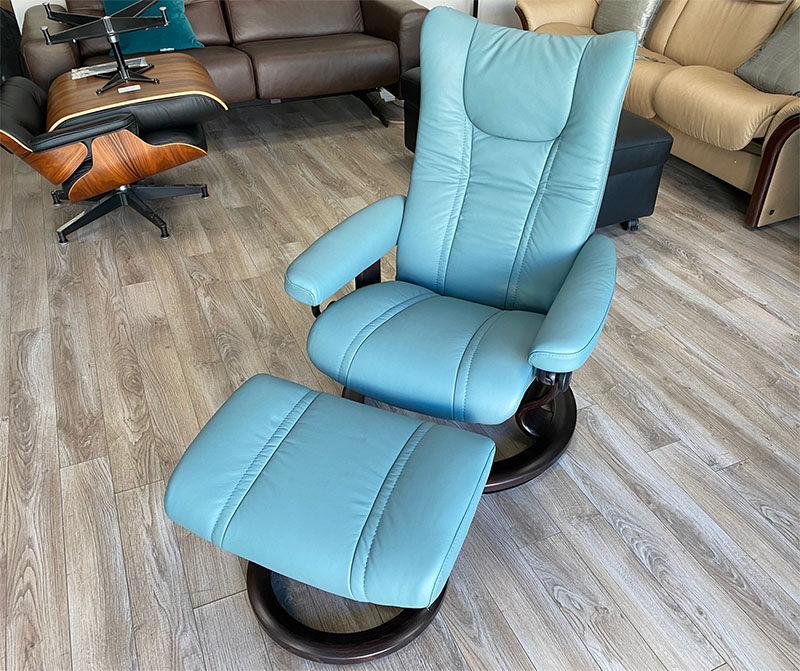 Stressless Wing Recliner Chair and Ottoman in Paloma Aqua Green Leather