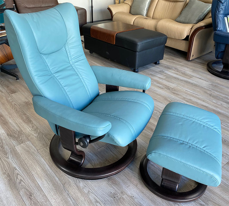 Stressless Wing Recliner Chair and Ottoman in Paloma Aqua Green Leather
