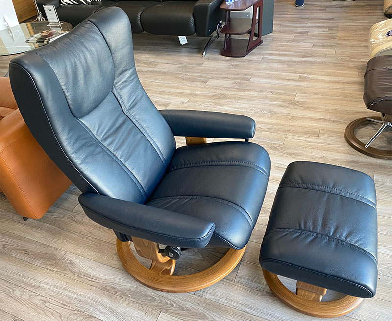 Stressless Wing Recliner Chair and Ottoman in Cori Blue Leather