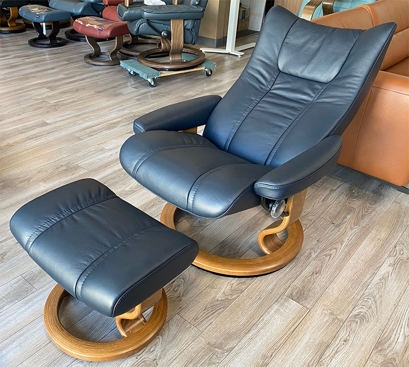 Stressless Wing Recliner Chair and Ottoman in Cori Blue Leather
